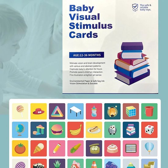 Ychee - Baby's / Kinderen Visuele Stimulatie Kaarten - Training Kaarten - 14x14CM - Dubbelzijdig - 20 kaarten/40 afbeelding - 12-36 maanden van Ychee