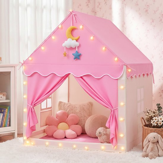 YEERSWAG Prinsessen Speeltent voor Kinderen - Roze Speelhuis met LED Sterrenverlichting, Speelmat en Opbergtas - Binnen & Buiten - 128 x 118 x 102 cm