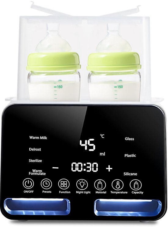 Ynkkvre - Flessenwarmer - Dubbele Flessenwarmer - Sterilisator - 2-in-1 Apparaat voor Babyflessen - Nauwkeurige Verwarming tot 37°C - Stoomsterilisatie 100°C - LCD Scherm - Stil en Veilig