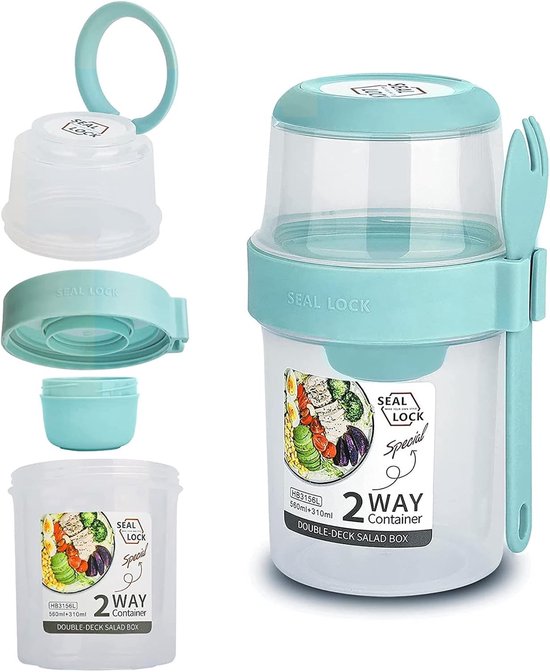 Yoghurtbeker 2-in-1 – Lekvrij – Tweelaags – Met Lepel en Sausbakje – Voor Ontbijt en Lunch – 310 ml + 560 ml – 1 Stuk – Lichtgroen