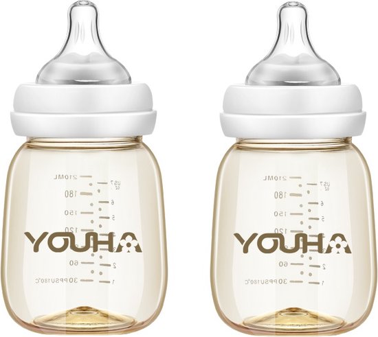 Youha baby drinkflessen - 2 stuks - 2x 210 ML - baby drinkflessen - babyflessen met spenen - inclusief afsluitdoppen - modern design - BPA vrij van Youha