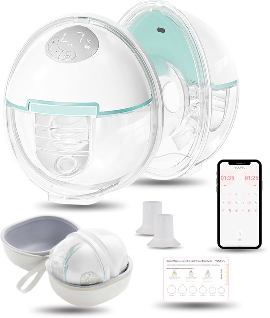 Youha Evera - Dubbelzijdige Borstkolf met App & LED-Scherm – Draadloos & Handsfree – 180 ml – Inclusief 17, 19, 21 en 24mm borstschild - Inclusief MamaCase, tepelmeter en bh-verlengers - 6 standen voor elke moeder van Merkloos
