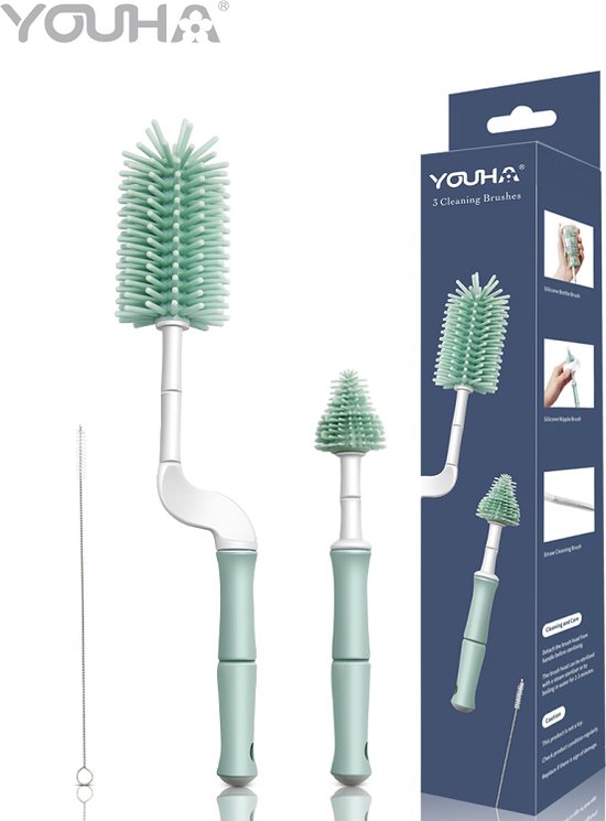 Youha® flessenborstels - Schoonmaakborstels - 3 stuks - Siliconen materiaal - Borstel voor fopspeen, buisjes, slangen en flesjes - Makkelijk schoonmaken - Spenen - Flessenreinigen - Kleur: Groen/blauw van Youha