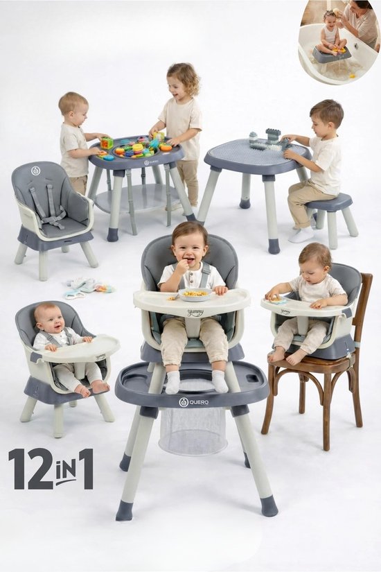 Yummy 12-in-1 Kinderstoel Donkergrijs – Multifunctioneel met Speelblad & Werktafel