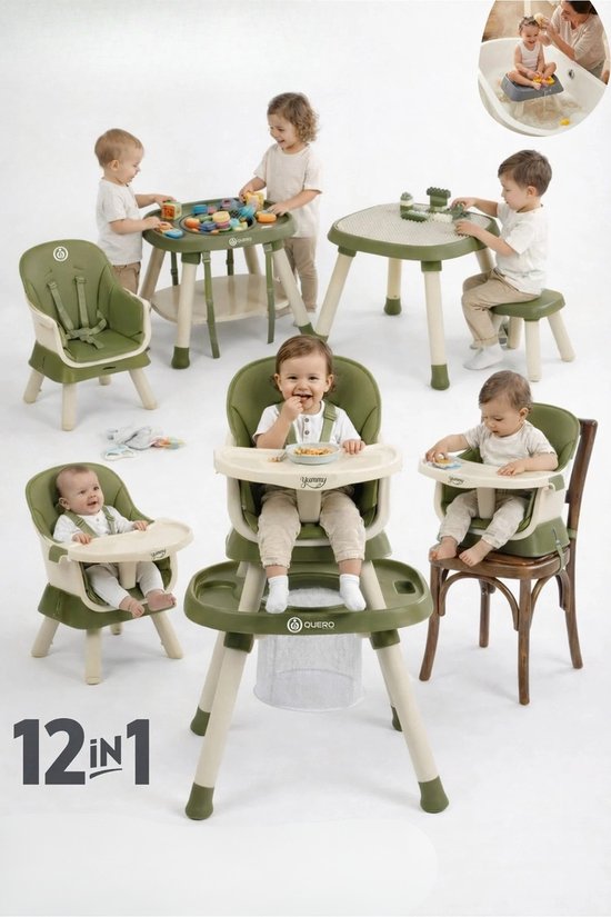 Yummy 12-in-1 Kinderstoel Olijfgroen – Multifunctioneel met Speelblad & Werktafel