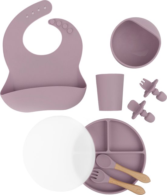 Yunioo 9-delig baby en kinderservies set met o.a. slabbetje, bord met zuignap en deksel, drinkbeker en kinderbestek | Superieure kwaliteit siliconen| Magnetron-, Oven- & Vaatwasserbestendig | Vergrijsd roze van YUN
