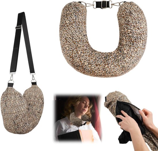 Zacht Transformeerbaar Reiskussen - Gevuld met Kleding - Uitbreidbaar Nekkussen - Luipaardprint van Stow-N-Go