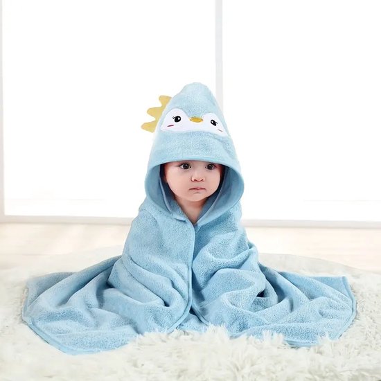 Zachte & Absorberende Badhanddoek voor Baby’s – Pinguïn Blauw – 80x80 cm – Met Capuchon – Sneldrogend – Geschikt voor 0-3 Jaar van Pfleez