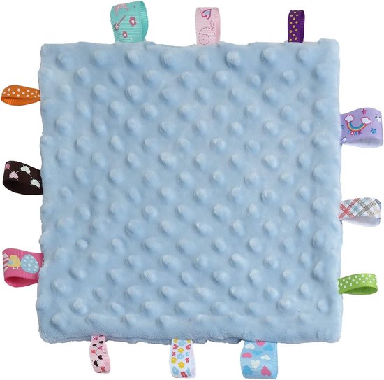 Zachte Baby Knuffeldoeken, Comfortabele Sensory Dekens voor Jongens, Perfecte Cadeaus voor Verjaardagen en Babyshowers (24,5 x 24,5 cm, Blauwe Label)