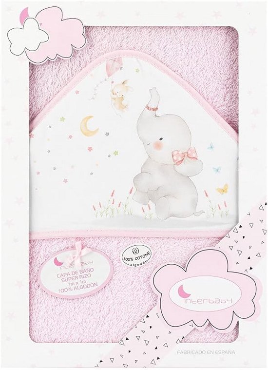 Zachte babybadcape met capuchon - 100% katoen, 100x100 cm, roze olifant
