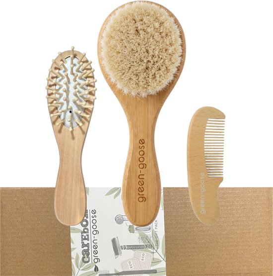 Zachte Babyborstel en Kam Set van Geitenhaar met Houten Handgreep - Hoofdhuid Massage Tool voor Pasgeborenen en Baby's - Babyshowercadeau