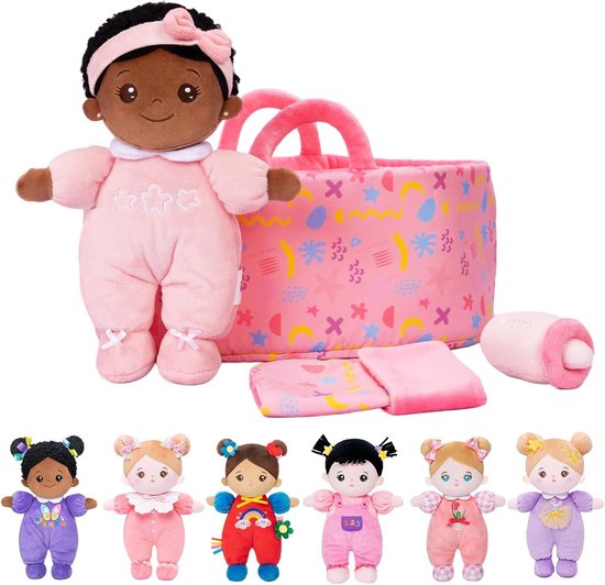 Zachte Babypop met Draagtas en Accessoires, 25 cm, Afrikaanse Stoffen Knuffel voor Baby's en Kinderen