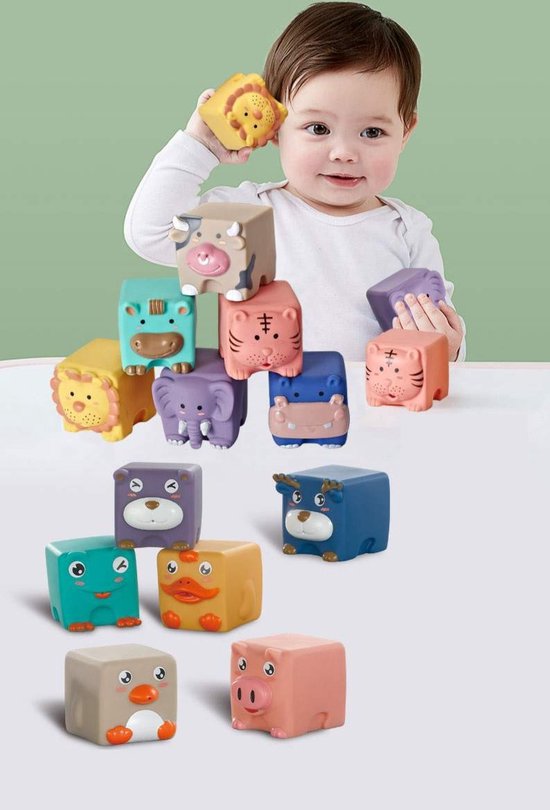 Zachte bouwblokken dieren 12 stuks - stapelblokken - baby speelgoed - peuter speelgoed van Playfun