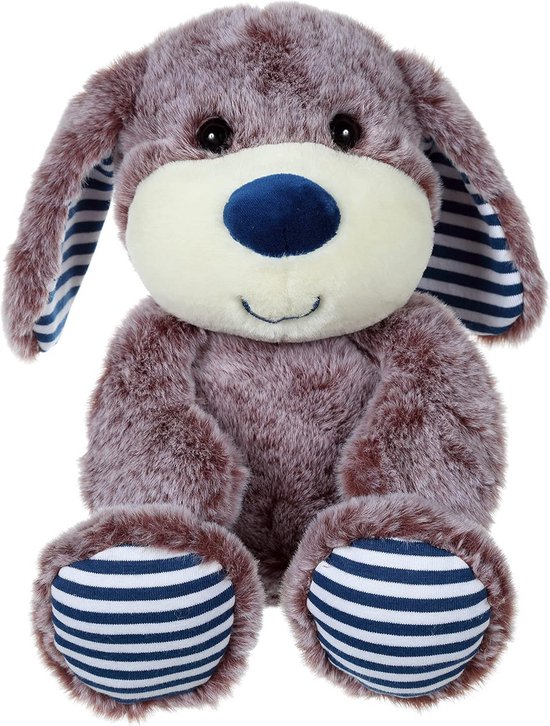 Zachte Bruine Hond Knuffel met Blauwe Strepen - 24 cm Pluche Dier van Merkloos