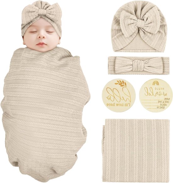 Zachte en Ademende Baby Swaddle Doek van Biologisch Katoen met Bijpassende Hoed en Haarband - Lichtgeel, Perfect voor Pasgeborenen en Babyshower Cadeaus