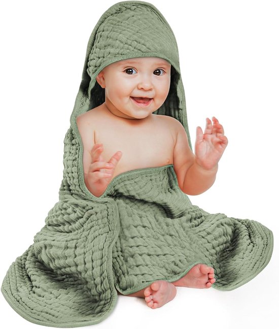 Zachte en Super Absorberende Baby Badcape met Kap, 80x80 cm, Crepe Katoen, Unisex, Ideaal voor Kinderen en Baby's in Bubble Sand Groen