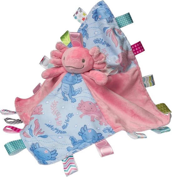Zachte Knuffeldeken met Sensorische Labels - Veiligheidsdekentje voor Baby's en Peuters, Roze Axolotl Thema, 33x33 cm
