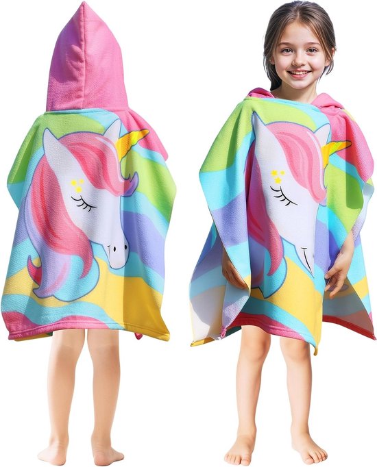 Zachte microvezel badponcho met capuchon voor kinderen, dierenpatroon, ideaal voor strand en zwembad, 60x60cm, geschikt voor 2-6 jaar, multifunctioneel en absorberend