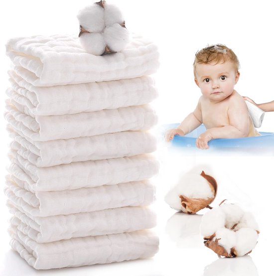 Zachte Muslin Wasdoeken van Biologisch Katoen voor Baby's - 8 Stuks - 25 x 25 cm van Merkloos