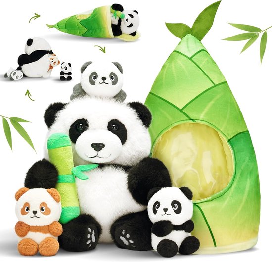 Zachte Panda Knuffel met Bamboe Tas en 3 Baby Panda's - Pluche Speelgoed voor Kinderen