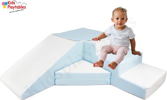 Zachte Soft Play Foam Blokken 4-delige set glijbaan met trap blauw-wit | grote speelblokken | motoriek baby speelgoed | foamblokken | reuze bouwblokken | Soft play peuter speelgoed | schuimblokken van Hokaposka
