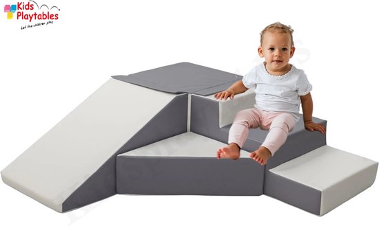 Zachte Soft Play Foam Blokken 4-delige set glijbaan met trap Grijs-Wit | grote speelblokken | motoriek baby speelgoed | foamblokken | reuze bouwblokken | Soft play peuter speelgoed | schuimblokken van Maatkraam