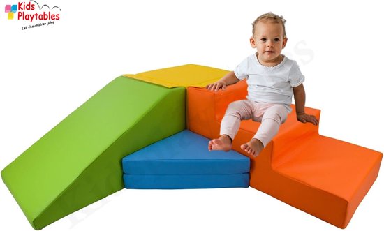 Zachte Soft Play Foam Blokken 4-delige set glijbaan met trap Multicolor | grote speelblokken | motoriek baby speelgoed | foamblokken | reuze bouwblokken | Soft play peuter speelgoed | schuimblokken van Aykasa