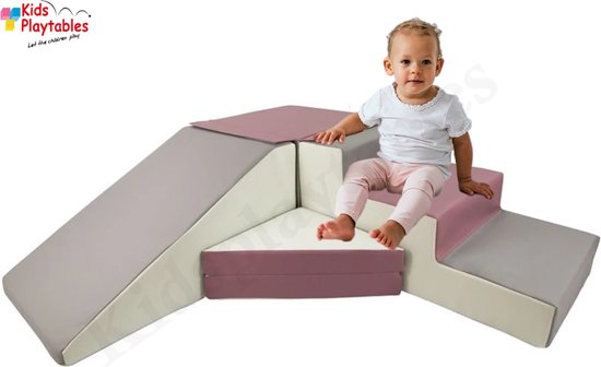 Zachte Soft Play Foam Blokken 4-delige set glijbaan met trap Paars-Grijs | grote speelblokken | motoriek baby speelgoed | foamblokken | reuze bouwblokken | Soft play peuter speelgoed | schuimblokken van Mamalo