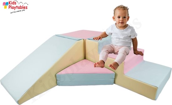 Zachte Soft Play Foam Blokken 4-delige set glijbaan met trap Pastel roze-geel-blauw | grote speelblokken | motoriek baby speelgoed | foamblokken | reuze bouwblokken | Soft play peuter speelgoed | schuimblokken van CASSARIA