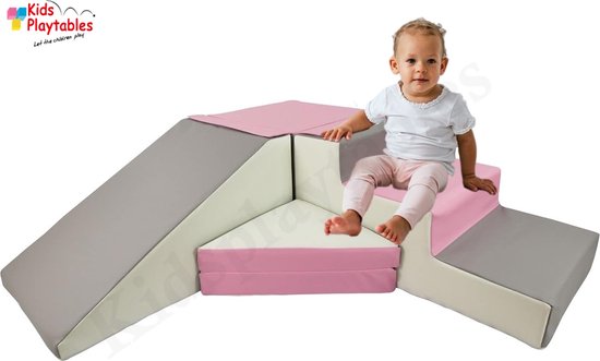 Zachte Soft Play Foam Blokken 4-delige set glijbaan met trap Roze-Grijs | grote speelblokken | motoriek baby speelgoed | foamblokken | reuze bouwblokken | Soft play peuter speelgoed | schuimblokken van Minimii