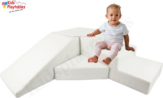 Zachte Soft Play Foam Blokken 4-delige set glijbaan met trap Wit | grote speelblokken | motoriek baby speelgoed | foamblokken | reuze bouwblokken | Soft play peuter speelgoed | schuimblokken van Raundesign