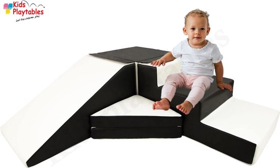 Zachte Soft Play Foam Blokken 4-delige set glijbaan met trap Zwart-Wit | grote speelblokken | motoriek baby speelgoed | foamblokken | reuze bouwblokken | Soft play peuter speelgoed | schuimblokken van Mamabrum