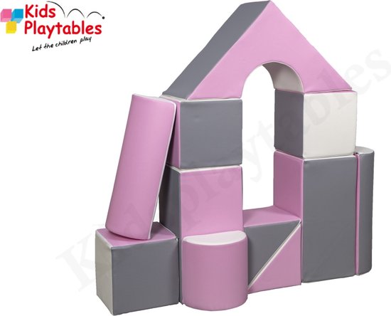 Zachte Soft Play Foam Blokken set 11 stuks grijs-wit-roze | grote speelblokken | baby speelgoed | foamblokken | reuze bouwblokken | motoriek peuter | schuimblokken van DREAMADE
