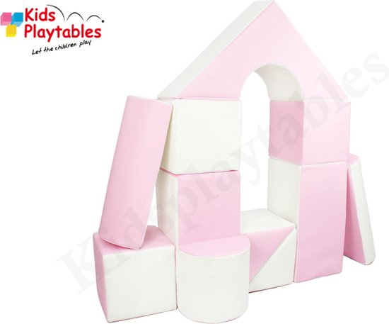 Zachte Soft Play Foam Blokken set 11 stuks wit-roze | grote speelblokken | baby speelgoed | foamblokken | reuze bouwblokken | motoriek peuter | schuimblokken van Open Rubber™