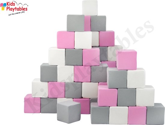 Zachte Soft Play Foam Blokken set 45 stuks wit-grijs-roze | grote speelblokken | baby speelgoed | foamblokken | reuze bouwblokken | Soft play speelgoed | schuimblokken van ToyChamp