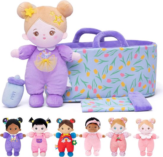 Zachte Stoffen Baby Pop in Draagtas met Accessoires, Paars, 25 cm - Knuffel voor Jongens en Meisjes vanaf 3 Maanden van Merkloos