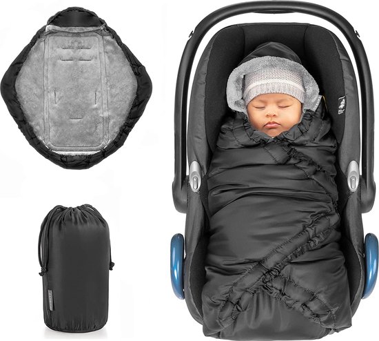 Zamboo Baby Wikkeldeken voor Autostoel en Reiswieg - Handig alternatief voor de Voetenzak - Thermo Fleece Babydeken/Omslagdoek met Capuchon - Zwart (Basic) van Merkloos