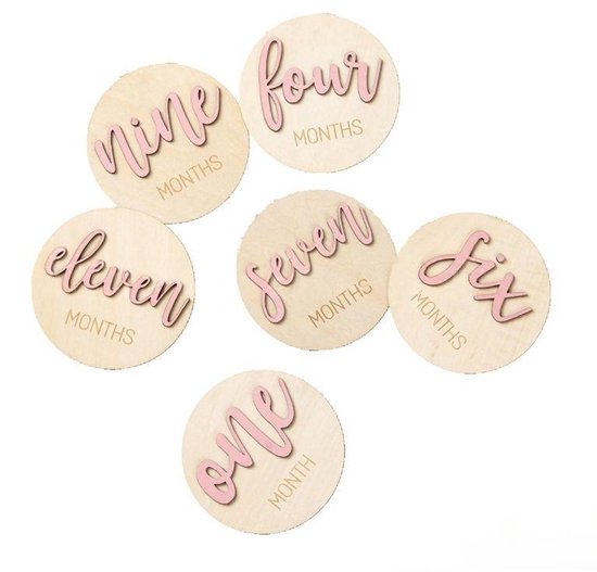Zes dubbelzijdige bordjes, bordjes voor de maandelijkse mijlpalen van de baby, een set houten schijfjes voor de babymaanden (1-12 maanden), een geboorteaankondigingsbordje voor pasgeborenen ,Roze van Bear & Fred