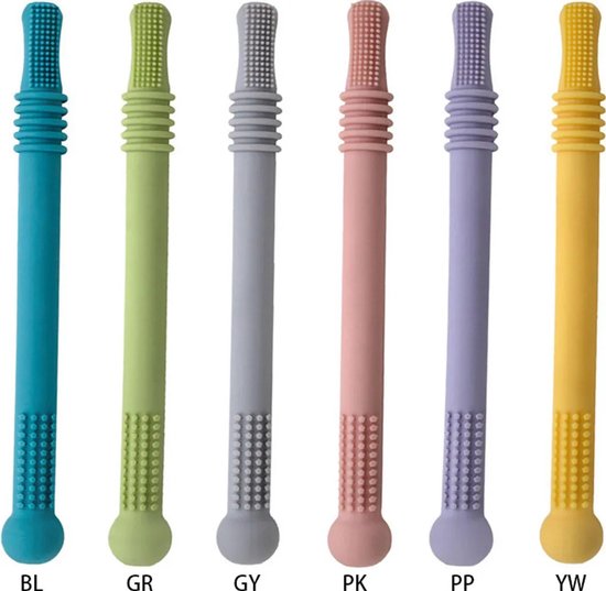 Zes zachte bijtspeeltjes voor baby's, waaronder een hol bijtbuisje, een bijtstaafje, een flexibel siliconen bijtstaafje en een bijtring.