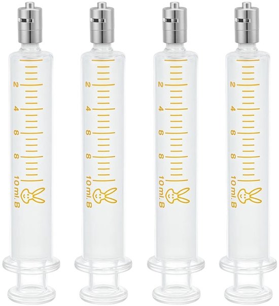 Zeynomax - Herbruikbare Glazen Spuit - Doseerspuiten 10ml - Metalen Luer Lock - Perfect voor Laboratorium - Vloeistof Toepassing - Set van 4 Stuks