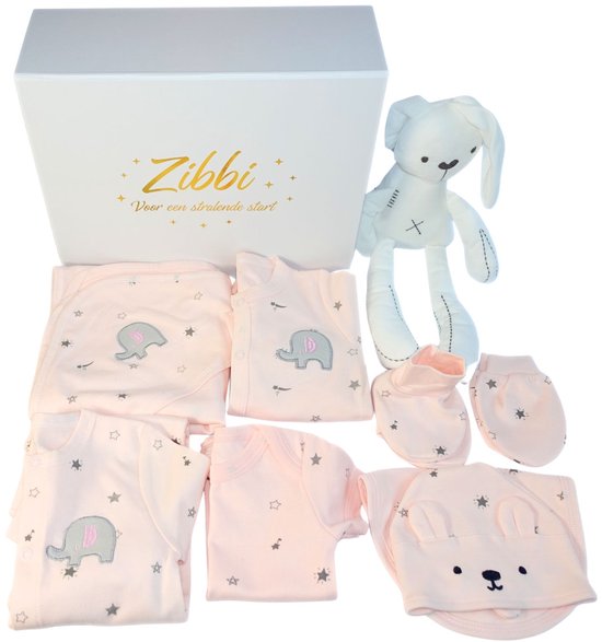 Zibbi Originals Baby Geschenkset Olifant – 9-delig – Unisex – 0-3 Maanden - Roze/Grijs – Kraamcadeau / Babyshower Geschenk van Zibbi