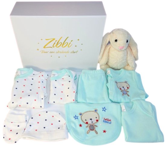 Zibbi Originals Baby Geschenkset Olive – 9-delig – Unisex – 3-6 Maanden - Wit – Kraamcadeau / Babyshower Geschenk van Zibbi