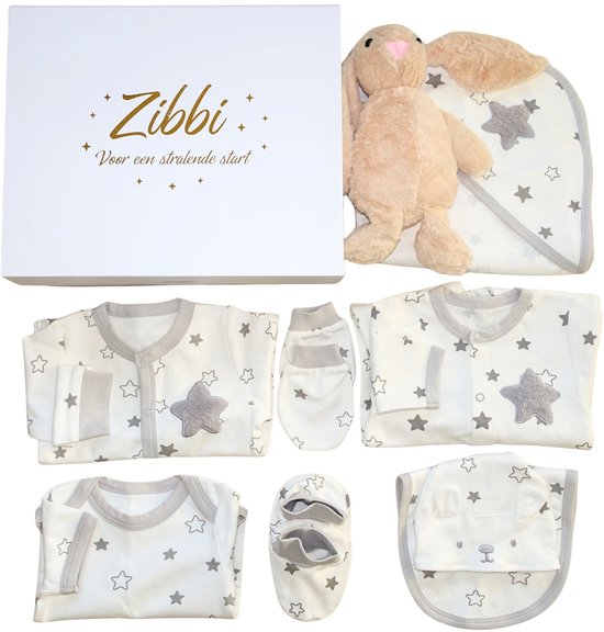 Zibbi Originals Baby Geschenkset Sterren - 9-delig - Unisex - 0-3 Maanden - Wit/Grijs - Kraamcadeau / Babyshower Geschenk van Zibbi