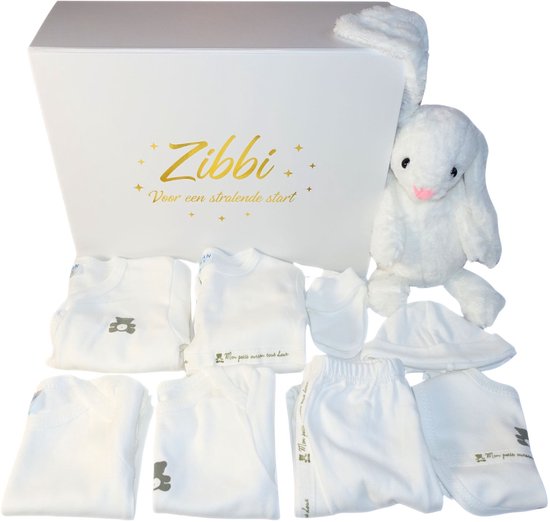 Zibbi Originals Baby Geschenkset Vlokje – 9-delig – Unisex – 6-9 Maanden - Wit – Kraamcadeau / Babyshower Geschenk van Zibbi