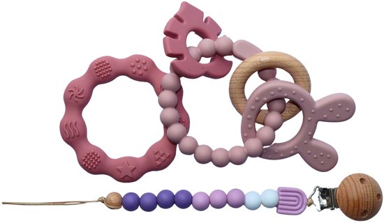 Zibbi Siliconen Bijtring & Speenkoord Set – 3-delig – BPA-vrij – Baby Bijtring – Speenkoord – Baby Cadeau – Soft Lila – 0+ maanden