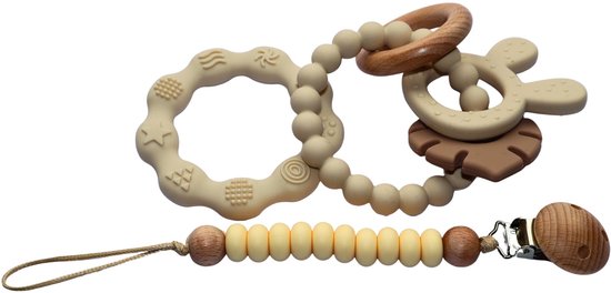 Zibbi Siliconen Bijtring & Speenkoord Set – 3-delig – BPA-vrij – Baby Bijtring – Speenkoord – Baby Cadeau – Soft Yellow – 0+ maanden
