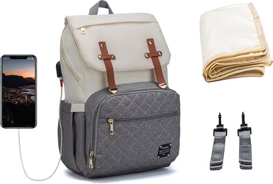 ZILOU® Luiertas Rugzak - Verzorgingstas - met Verschoonmatje - Kinderwagen Tassenhaak - Isoleervak - USB Poort - 25 Liter - Wit van ZILOU®