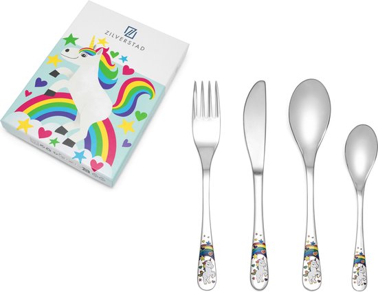 Zilverstad - Kinderbestek Unicorn Eenhoorn 4-delige set RVS 18/10 van Zilverstad