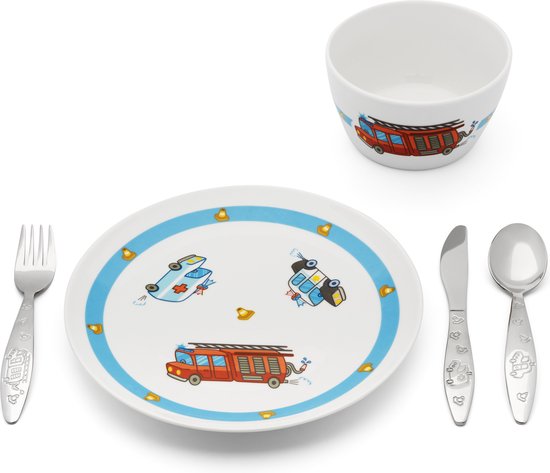 Zilverstad - Kinderservies Hulpdiensten 5-delig porselein/RVS (kinderbestek + servies) van Zilverstad
