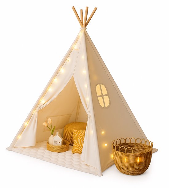 ZoeZo Design - Tipi Tent - Off-White - voor Kinderen - 100% Katoen - Wigwam Speeltent - Kindertent - Speeltent - Tipitent Speelhuis - 120x120x150cm van Merkloos